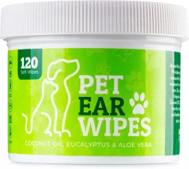 120ct Pet Ear Wipes for Dogs w/Itch Relief | Natural Coconut Oil, Eucalyptus & Aloe | Irritation Relief, Easy Otic Wax Cleaner Solution Pets
