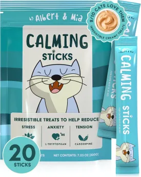 Albert & Mia Calming Sticks Lickable Calming Cat Treats for Stress and Anxiety Relief for Cats, Irresistible - Vet Recommended (Sleeping Aid, Vet Visits, Grooming, Car Rides, Plane) 20 Pack