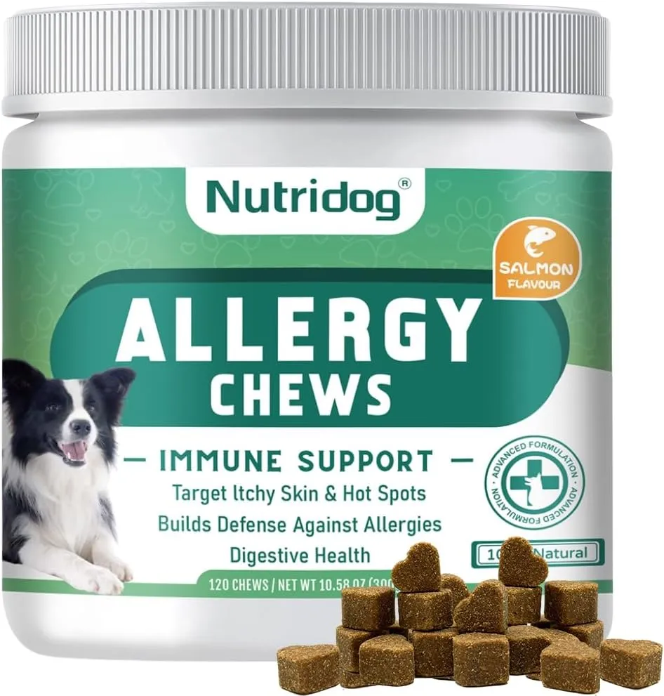 Allergy Chews for Dogs - Dog Itching Skin Relief & Seasonal Allergy Support with Chamomile, Salmon Oil, Quercetin - Probiotic Dog Allergy Relief Treats, Salmon Flavor, 120ct