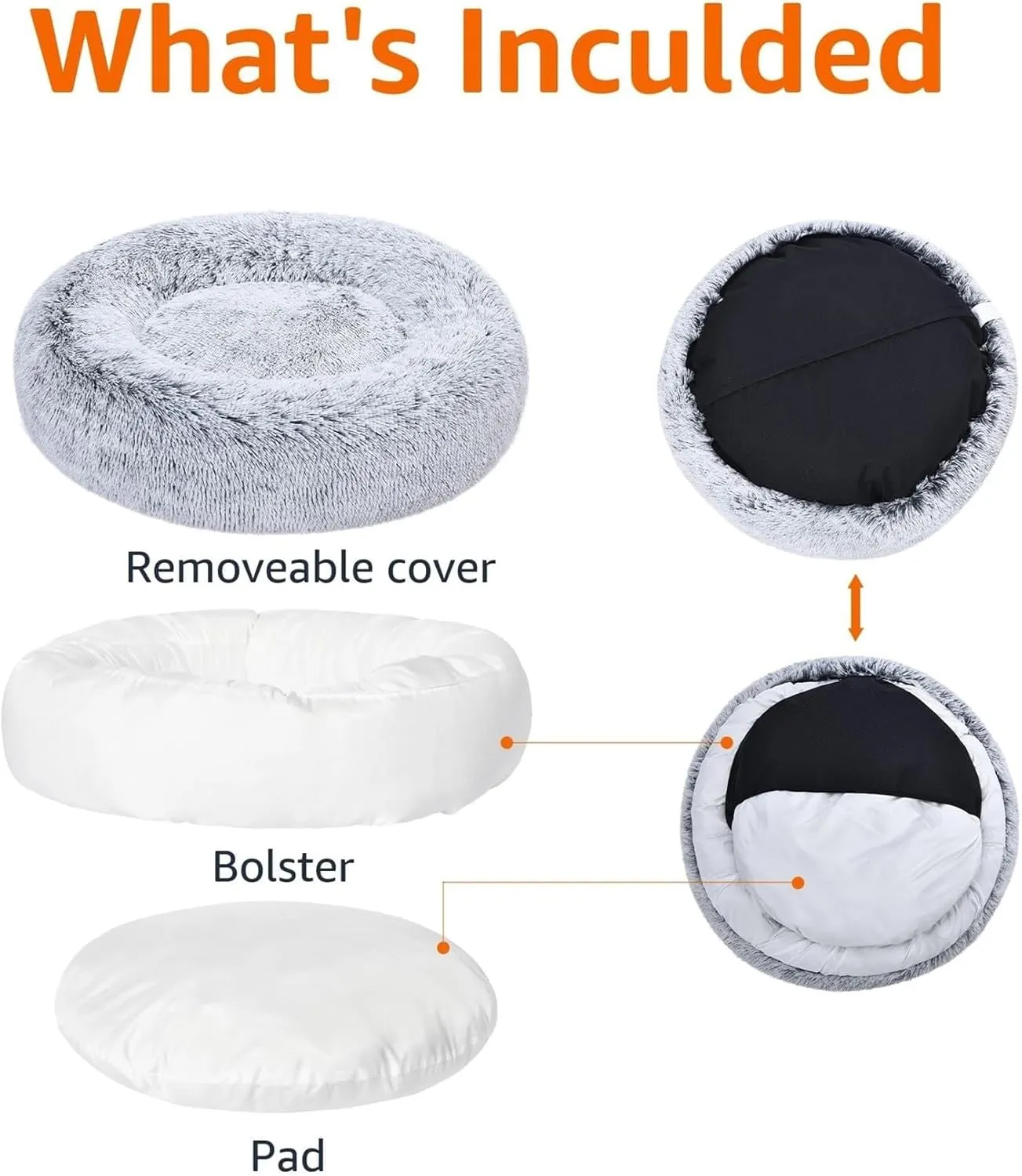 Amazon Basics Donut Pet Bolster Faux Fur Bed for Dog, Grey, 45" x 45"