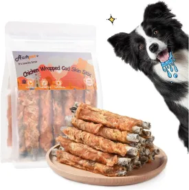 ASMPET Dog Treats, Natural Chicken Jerky Wrapped Cod Fish Skin Omega 3 High Protein Low Fat Rawhide-Free Grain-Free for Small Medium Large Breeds Training Rewards 10.6 oz
