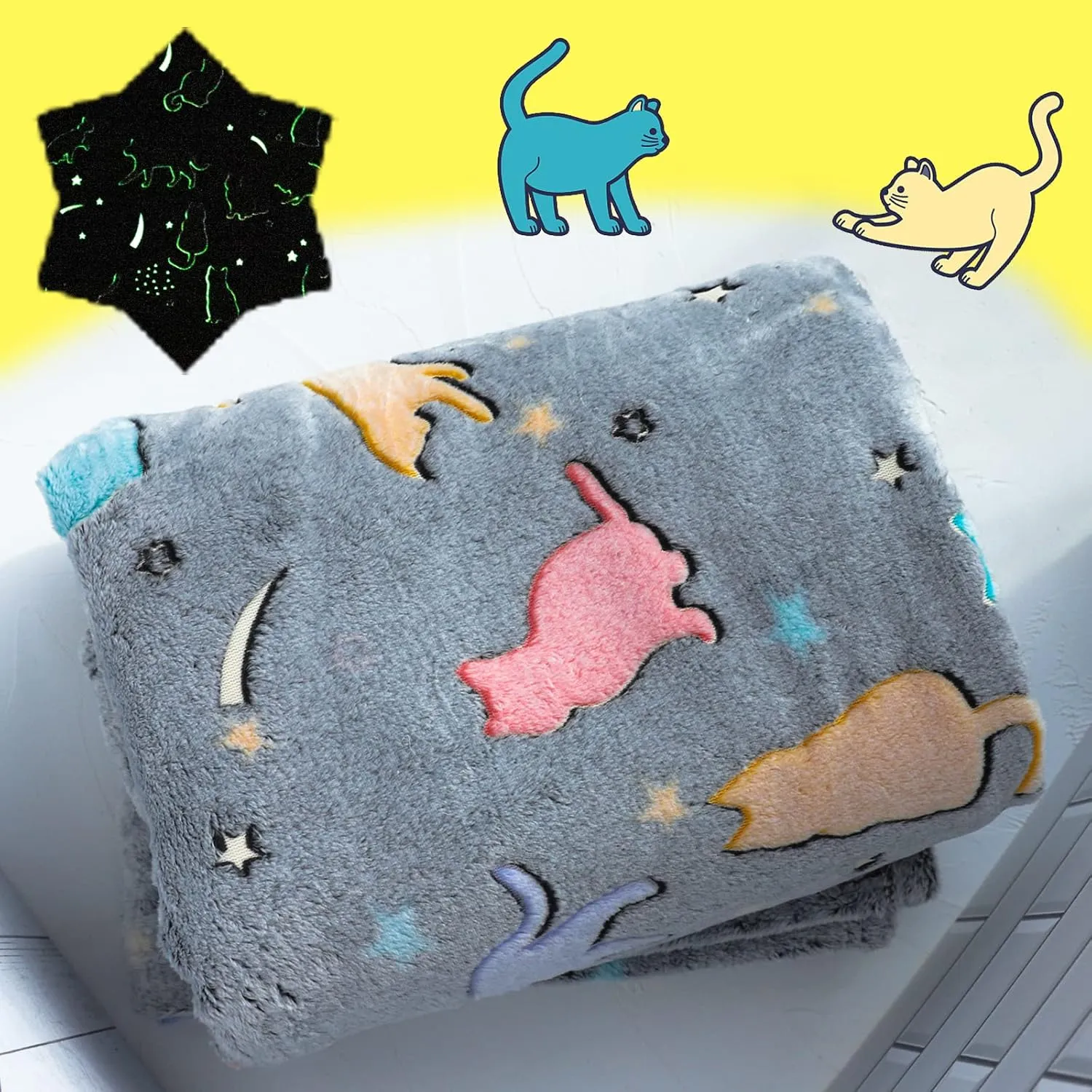 Best Gift Glow in The Dark Cute Cat Throw Blanket with Storage Bag, Soft Throw Blanket for Girls Boys, Birthday, Girls Blanket Kids Blanket,Day Care Home Travel Use,50"x60" Grey