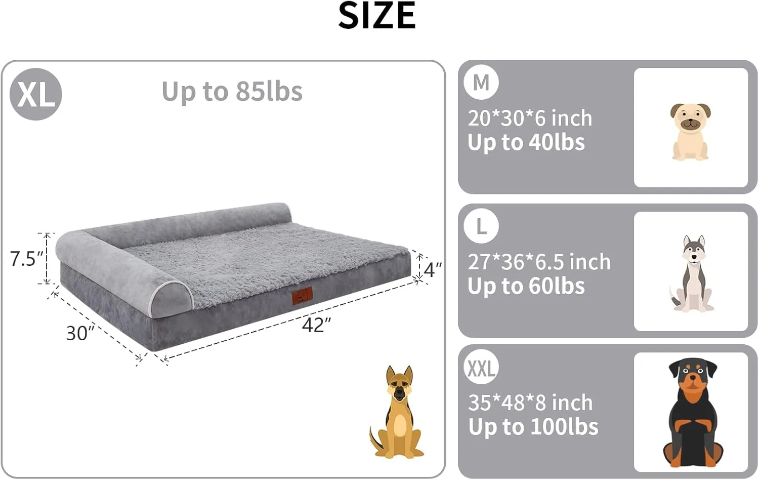 Bolster Dog Bed for Extra Large Dogs, Memory Foam Orthopedic L-Shape Dog beds with Removable Washable Cover, Cozy Plush Pet Sofa, Pet Bed with Waterproof Lining and Nonskid Bottom