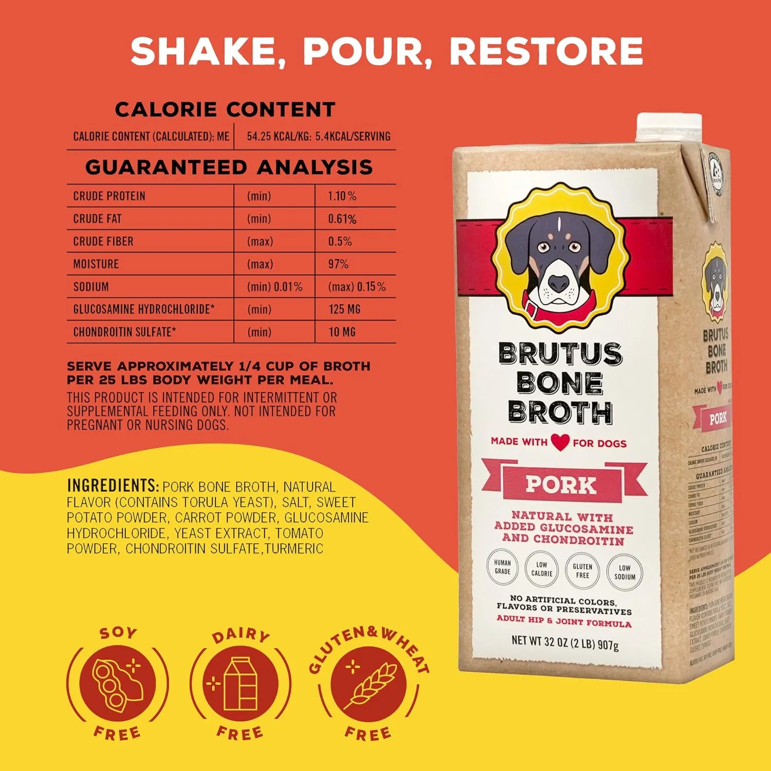 Brutus Bone Broth for Dogs | All Natural | Made in USA | Glucosamine & Chondroitin for Healthy Joints | Human Grade Ingredients | Hydrating Dog Food Topper, Gravy & Treat (Pork)