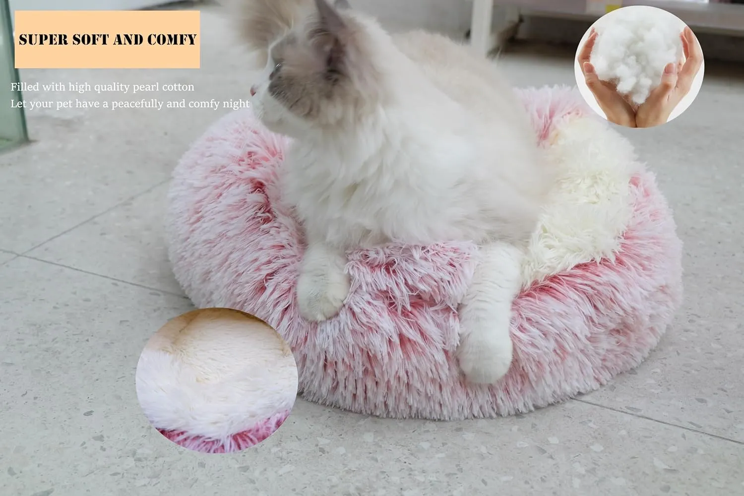 Calming Dog Bed & Cat Cave with Hooded Cover, Plush Fluffy Anti-Anxiety Cat Bed, Waterproof Bottom Washable (Pink, 25.6X25.6inch)