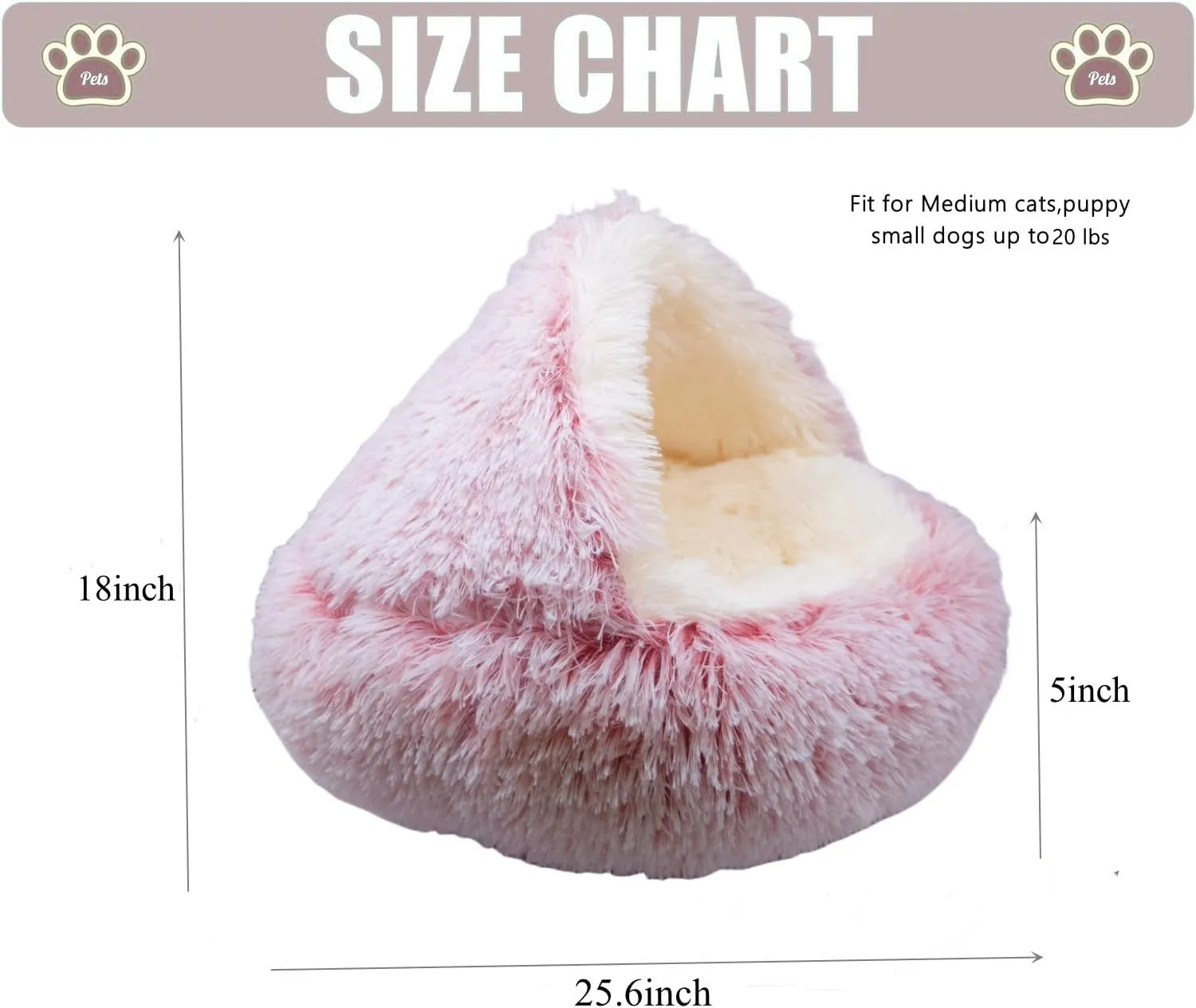 Calming Dog Bed & Cat Cave with Hooded Cover, Plush Fluffy Anti-Anxiety Cat Bed, Waterproof Bottom Washable (Pink, 25.6X25.6inch)