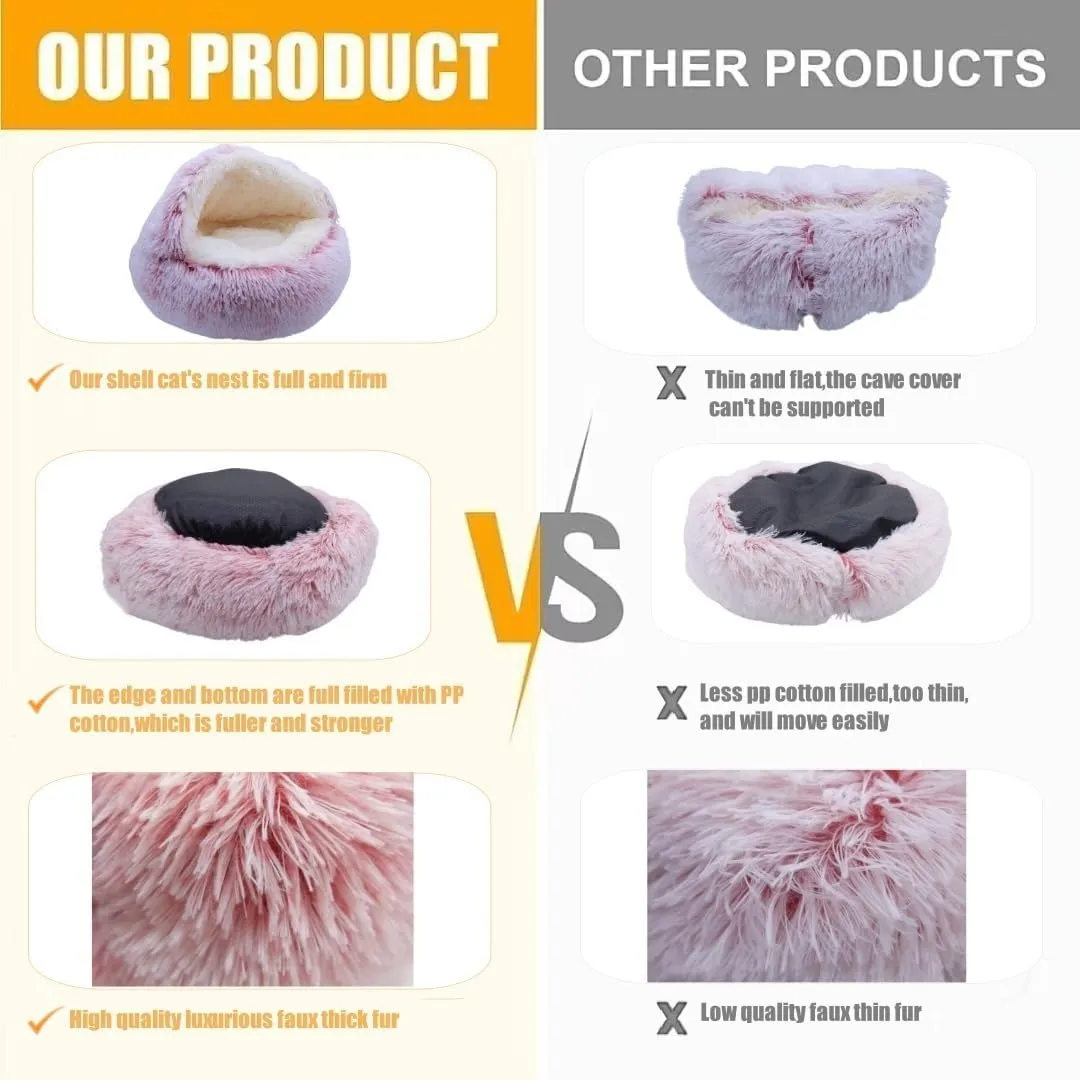 Calming Dog Bed & Cat Cave with Hooded Cover, Plush Fluffy Anti-Anxiety Cat Bed, Waterproof Bottom Washable (Pink, 25.6X25.6inch)