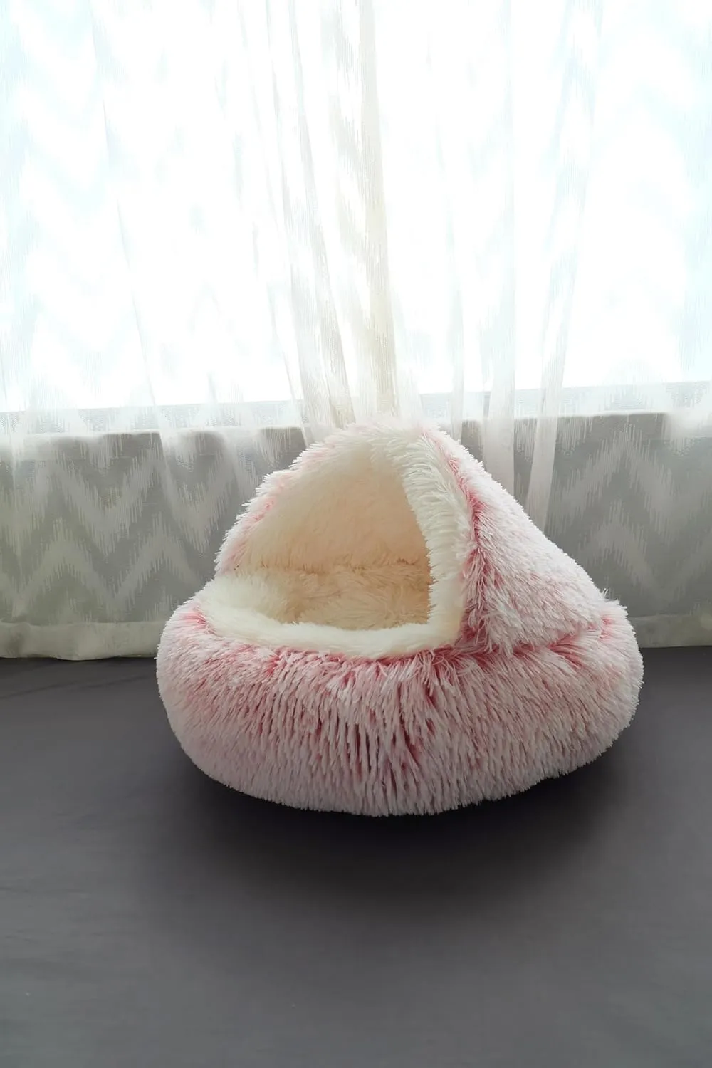 Calming Dog Bed & Cat Cave with Hooded Cover, Plush Fluffy Anti-Anxiety Cat Bed, Waterproof Bottom Washable (Pink, 25.6X25.6inch)