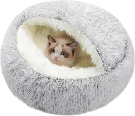 Calming Self Warming Kitten Bed, Round Hooded Cat Cave Indoor Puppy Sleeping Faux Fur Warm Soft Plush Donut Cuddler, Non-Slip Bottom Cat Cushion, Machine Washable