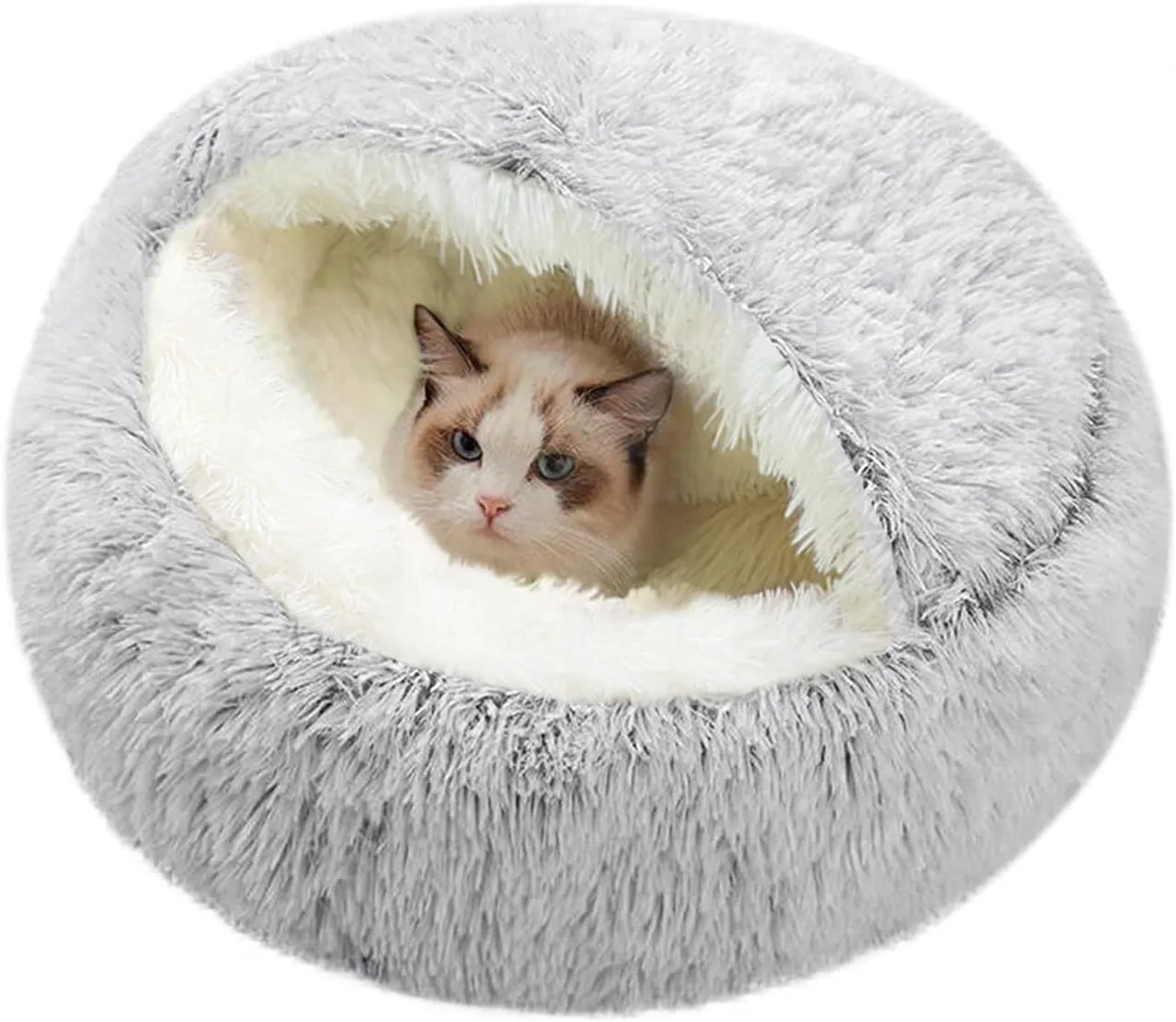 Calming Self Warming Kitten Bed, Round Hooded Cat Cave Indoor Puppy Sleeping Faux Fur Warm Soft Plush Donut Cuddler, Non-Slip Bottom Cat Cushion, Machine Washable