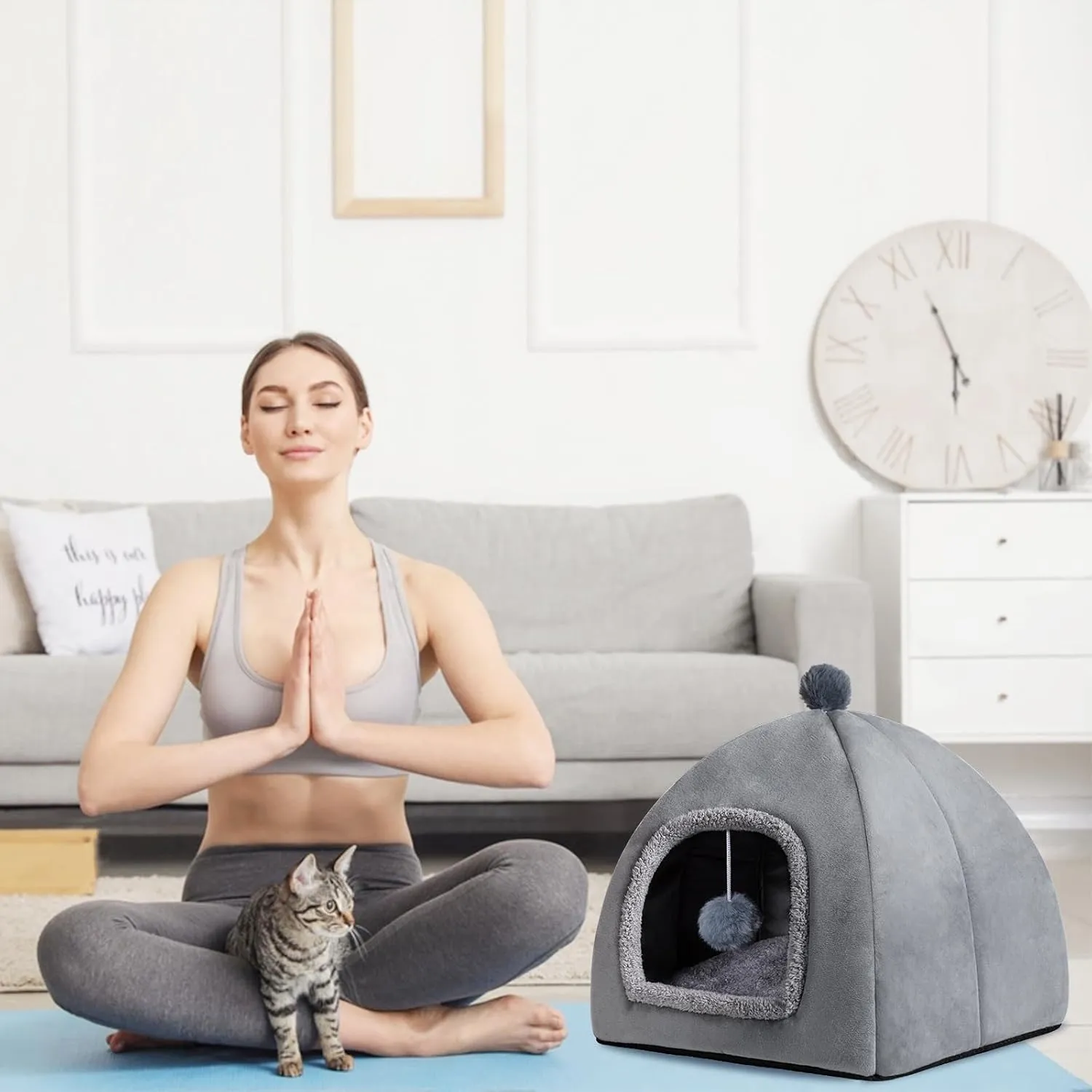 Cat Bed Cave for Indoor, Suitable for Cat Dome Bed, Hideaway Bed for Indoor Cats with Removable Mattress for Kittens. Cat Tent House for Dual Use (M:15"x15")