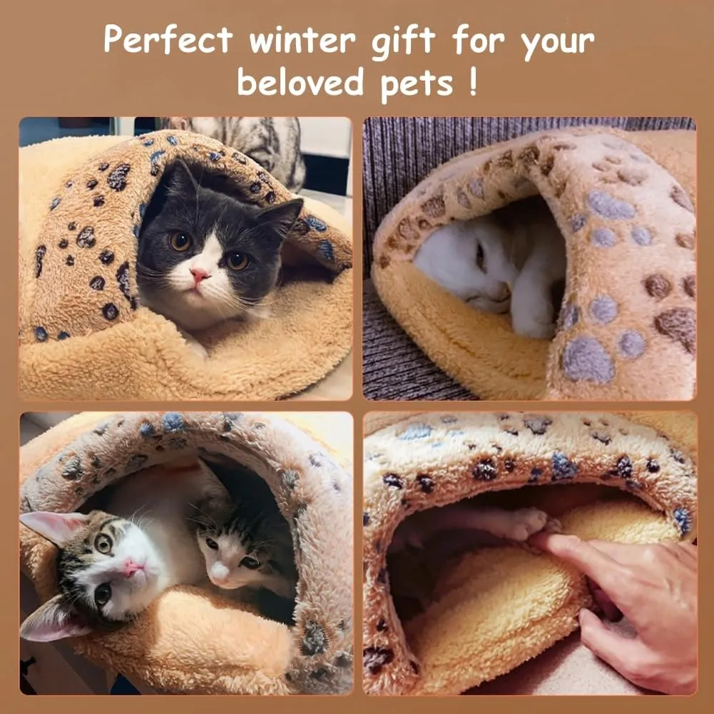 Cat Sleeping Bag, Cat Winter Sleeping Bag for Indoor Cats, Self Warming Bed Cave, Semienclosed Soft Plush Large Cats Sack Covered Bed with Cave for Kitten Puppy (Brown, M-23.6x19.7x6.3in)