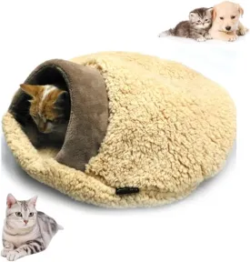 Cat Sleeping Bag, Cat Winter Sleeping Bag for Indoor Cats, Self Warming Bed Cave, Semienclosed Soft Plush Large Cats Sack Covered Bed with Cave for Kitten Puppy (Brown, M-23.6x19.7x6.3in)