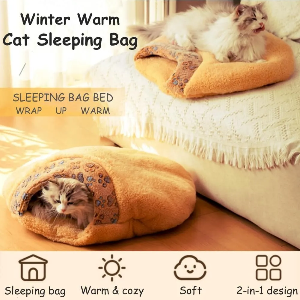 Cat Sleeping Bag, Cat Winter Sleeping Bag for Indoor Cats, Self Warming Bed Cave, Semienclosed Soft Plush Large Cats Sack Covered Bed with Cave for Kitten Puppy (Brown, M-23.6x19.7x6.3in)