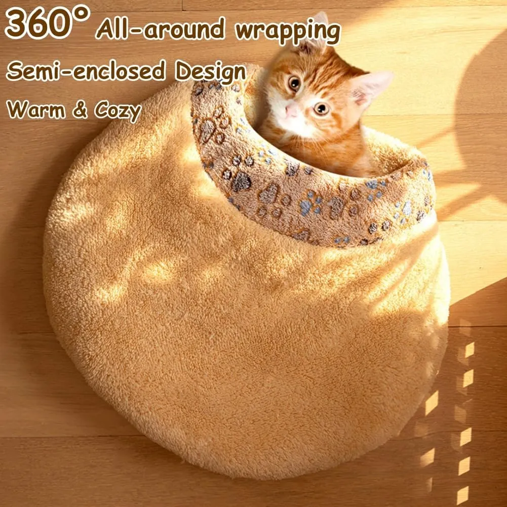 Cat Sleeping Bag, Cat Winter Sleeping Bag for Indoor Cats, Self Warming Bed Cave, Semienclosed Soft Plush Large Cats Sack Covered Bed with Cave for Kitten Puppy (Brown, M-23.6x19.7x6.3in)