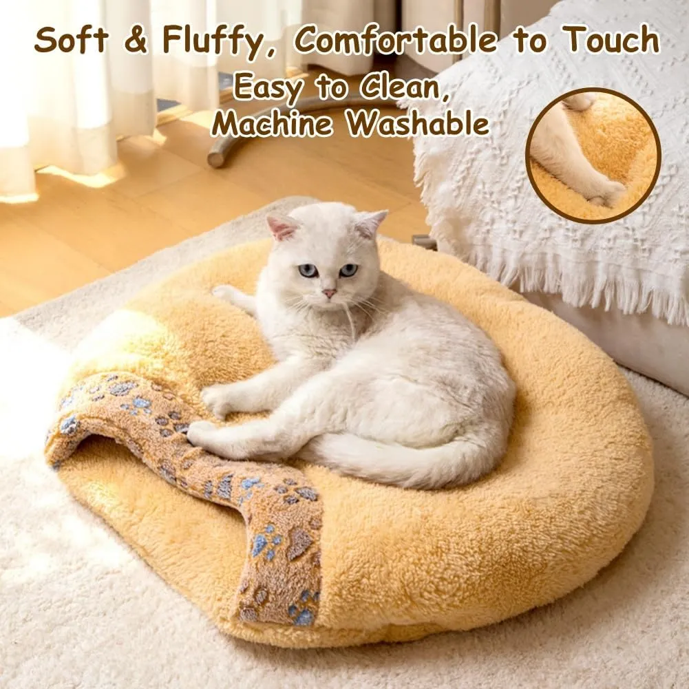 Cat Sleeping Bag, Cat Winter Sleeping Bag for Indoor Cats, Self Warming Bed Cave, Semienclosed Soft Plush Large Cats Sack Covered Bed with Cave for Kitten Puppy (Brown, M-23.6x19.7x6.3in)