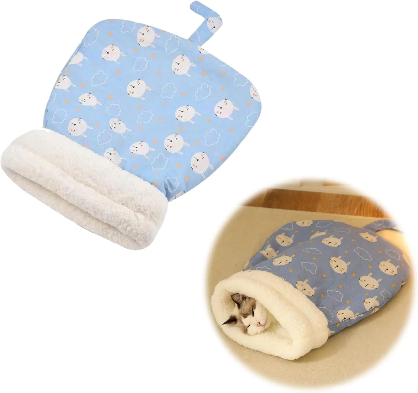 Cat Sleeping Bag, Soft Plush Winter Cat Cave Bed Self-Warming Sack for Indoor Cats Small Dogs (Blue)
