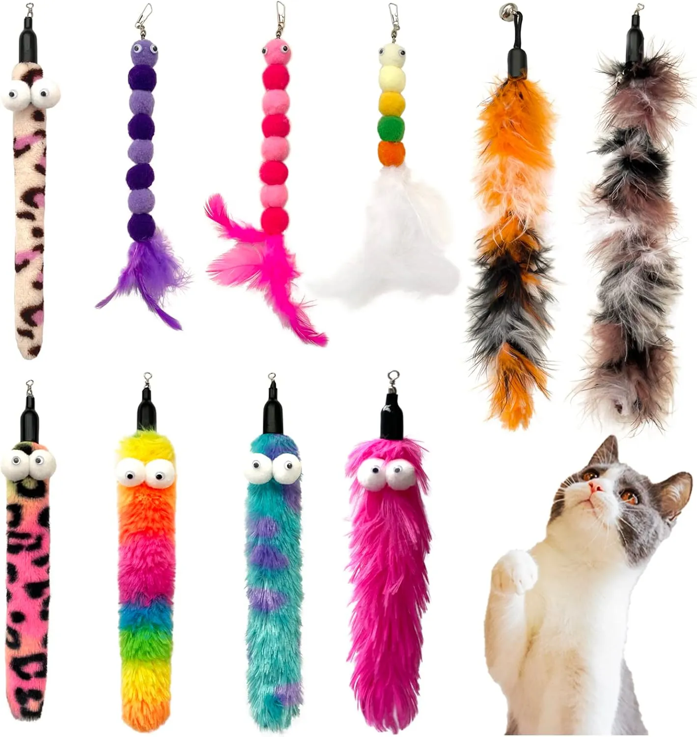 Cat Worm & Dragonfly Refills - Teaser Toys Cat Fishing Pole Wand Attachments (10Pcs)