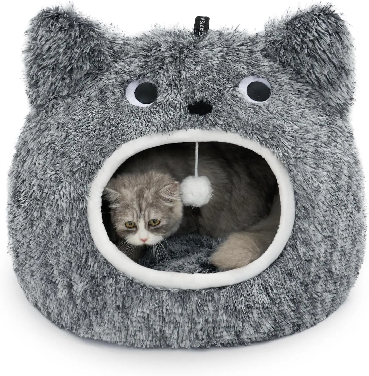 CATISM Cat Bed for Indoor Cats - Cat Bed Cave Washable, Soft Plush, Removable Pillow, Non-Slip Base, Large Cave with Toy Balls for Kitty and Small Animals