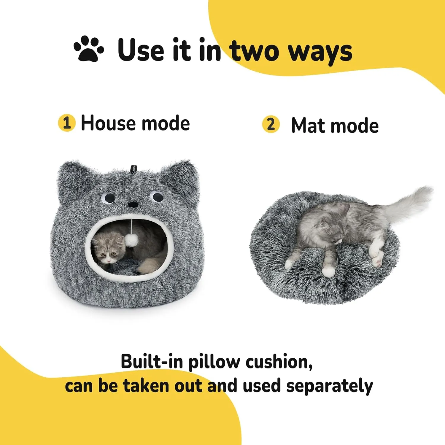 CATISM Cat Bed for Indoor Cats - Cat Bed Cave Washable, Soft Plush, Removable Pillow, Non-Slip Base, Large Cave with Toy Balls for Kitty and Small Animals