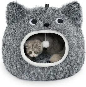 CATISM Cat Bed for Indoor Cats - Cat Bed Cave Washable, Soft Plush, Removable Pillow, Non-Slip Base, Large Cave with Toy Balls for Kitty and Small Animals