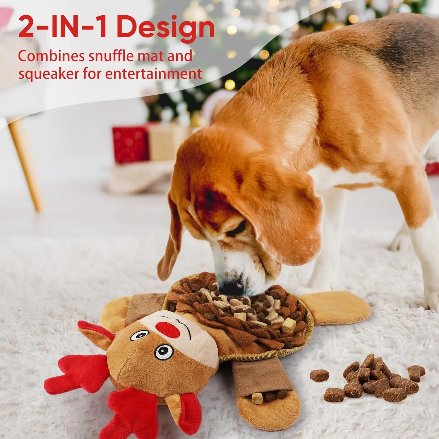 Christmas Squeaky Dog Toys, Plush No Stuffing and Snuffle Mat for Dog Puppy, Durable Chew Bite Toys for Small Medium Large Dogs, Interactive Xmas Reindeer for Aggressive Chewers