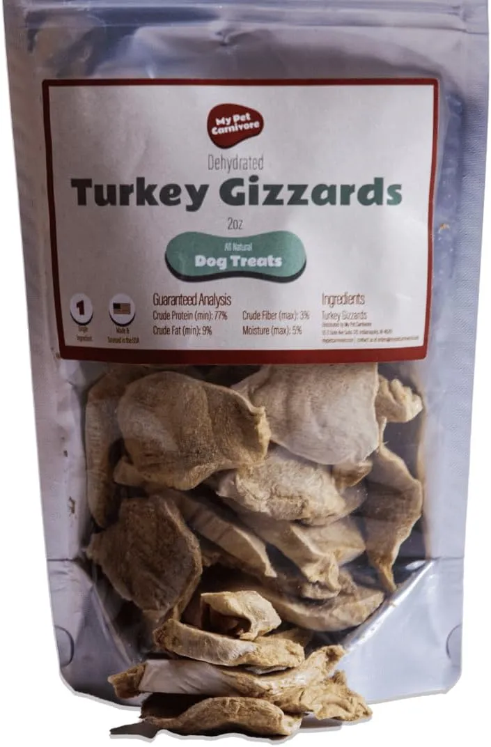 Dehydrated Turkey Gizzards for Dog - Single Ingredient All Natural Grain Free Turkey Dog Treats 2 oz