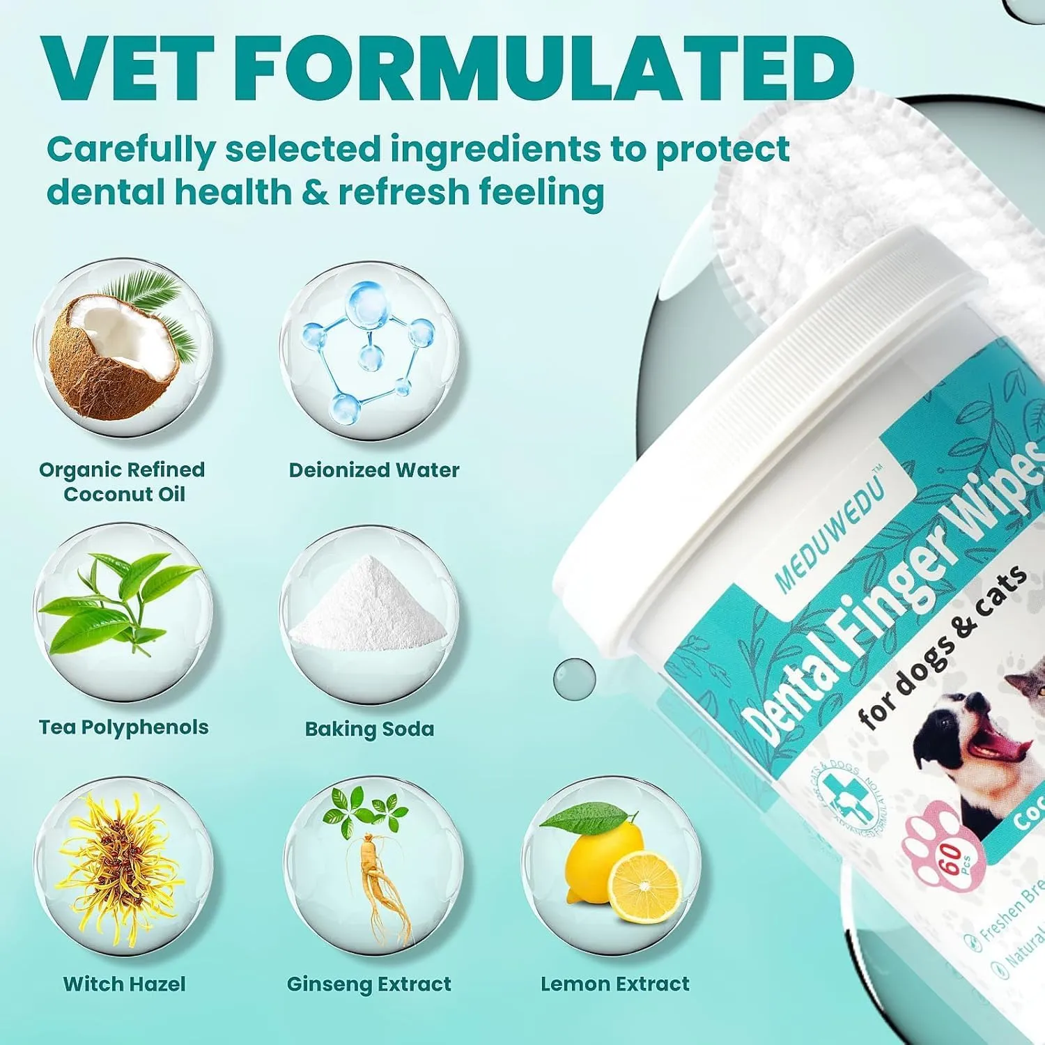 Dental Care Finger Wipes 120 Counts,Teeth Cleaning Finger Wipes for Dogs & Cats,Reduces Plaque & Supports Oral Freshness, Grapefruit Scent