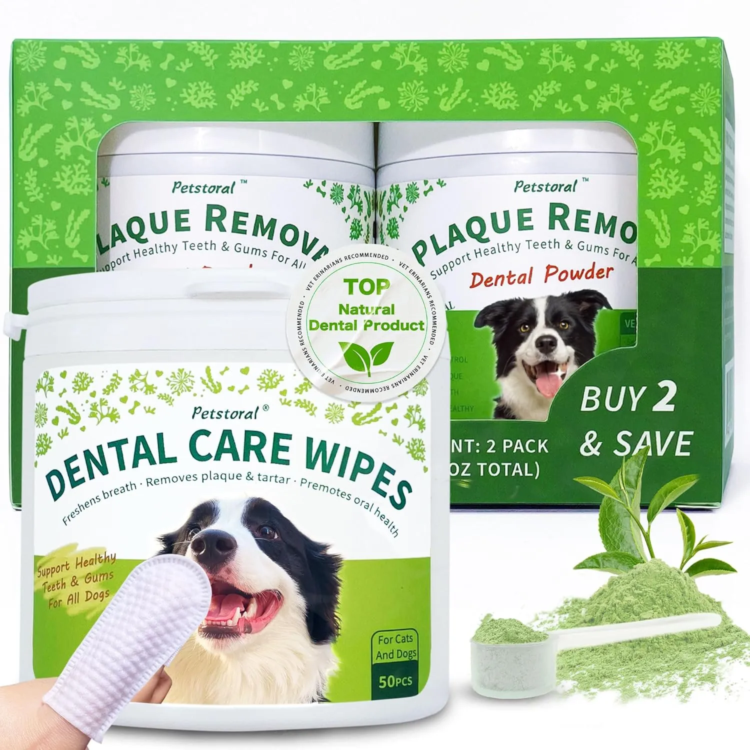 Dental Cleaning Kit, Dental Care Wipes to Clean Plaque on The Surface of The Teeth, 2-Pack Dental Powder with Probiotic to Solve Oral Problems from The Inside of Digestion