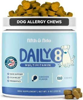 Dog Allergy Chews  Dog Allergy Relief with Salmon Oil for Dogs Itchy Skin and Coat, Probiotics, Turkey Tail Mushroom, Quercetin, Bromelain, Hemp & Turmeric 120 Multivitamin Chicken Flavored Chews
