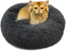 Dog Bed, Fluffy Round Pet Bed Non-Slip, Calming Soft Plush Donut Cuddler for Indoor Small Dogs Kittens, Cat Bed Machine Washable, Dark Gray