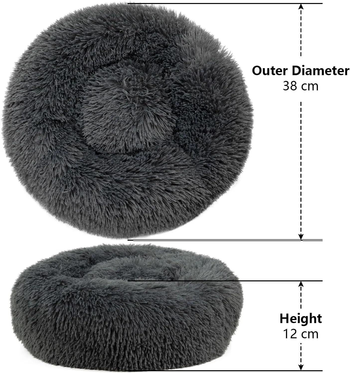 Dog Bed, Fluffy Round Pet Bed Non-Slip, Calming Soft Plush Donut Cuddler for Indoor Small Dogs Kittens, Cat Bed Machine Washable, Dark Gray
