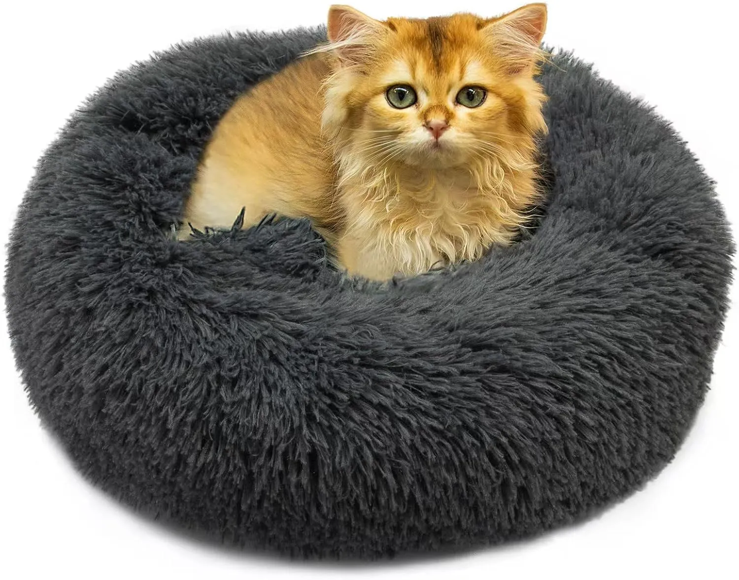 Dog Bed, Fluffy Round Pet Bed Non-Slip, Calming Soft Plush Donut Cuddler for Indoor Small Dogs Kittens, Cat Bed Machine Washable, Dark Gray