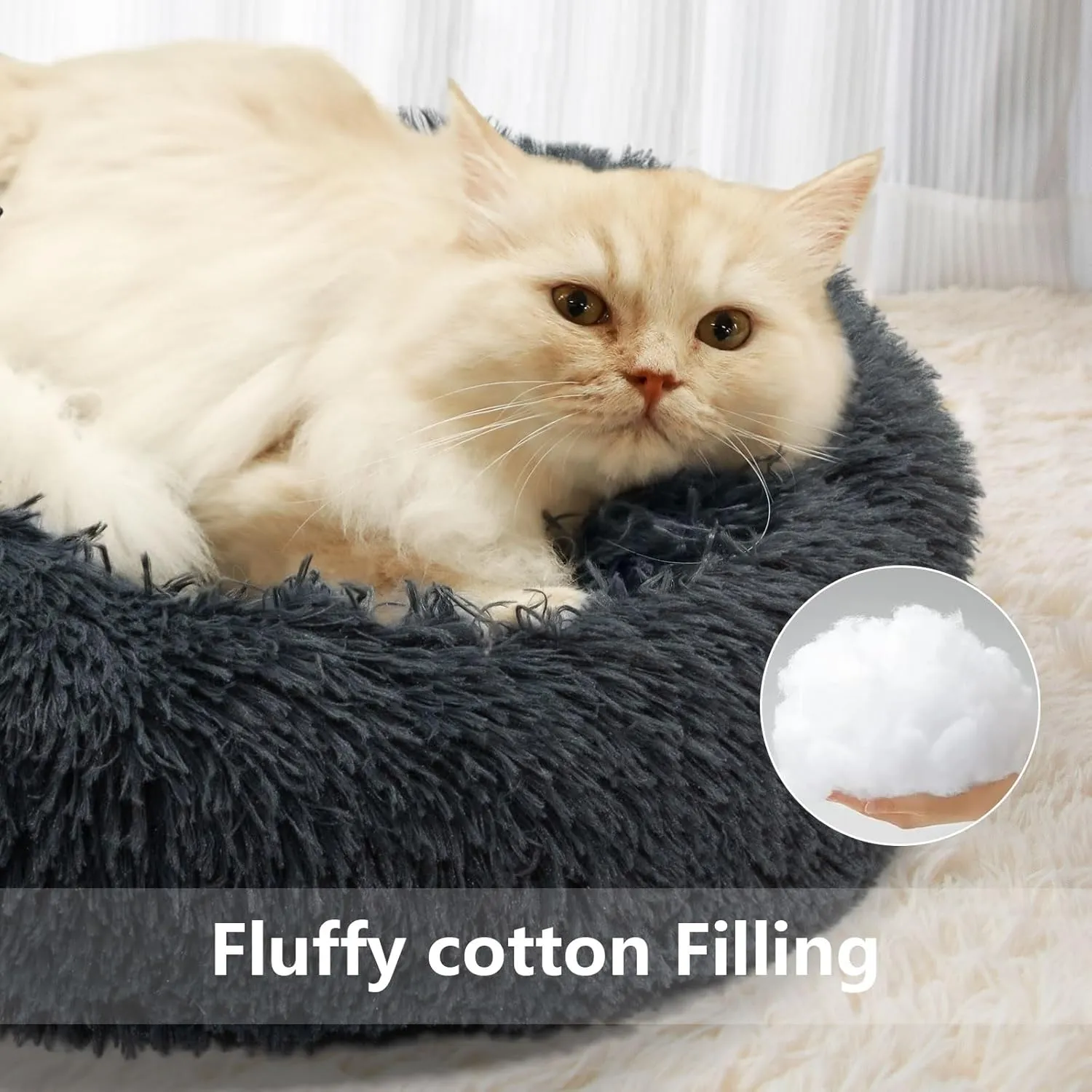 Dog Bed, Fluffy Round Pet Bed Non-Slip, Calming Soft Plush Donut Cuddler for Indoor Small Dogs Kittens, Cat Bed Machine Washable, Dark Gray