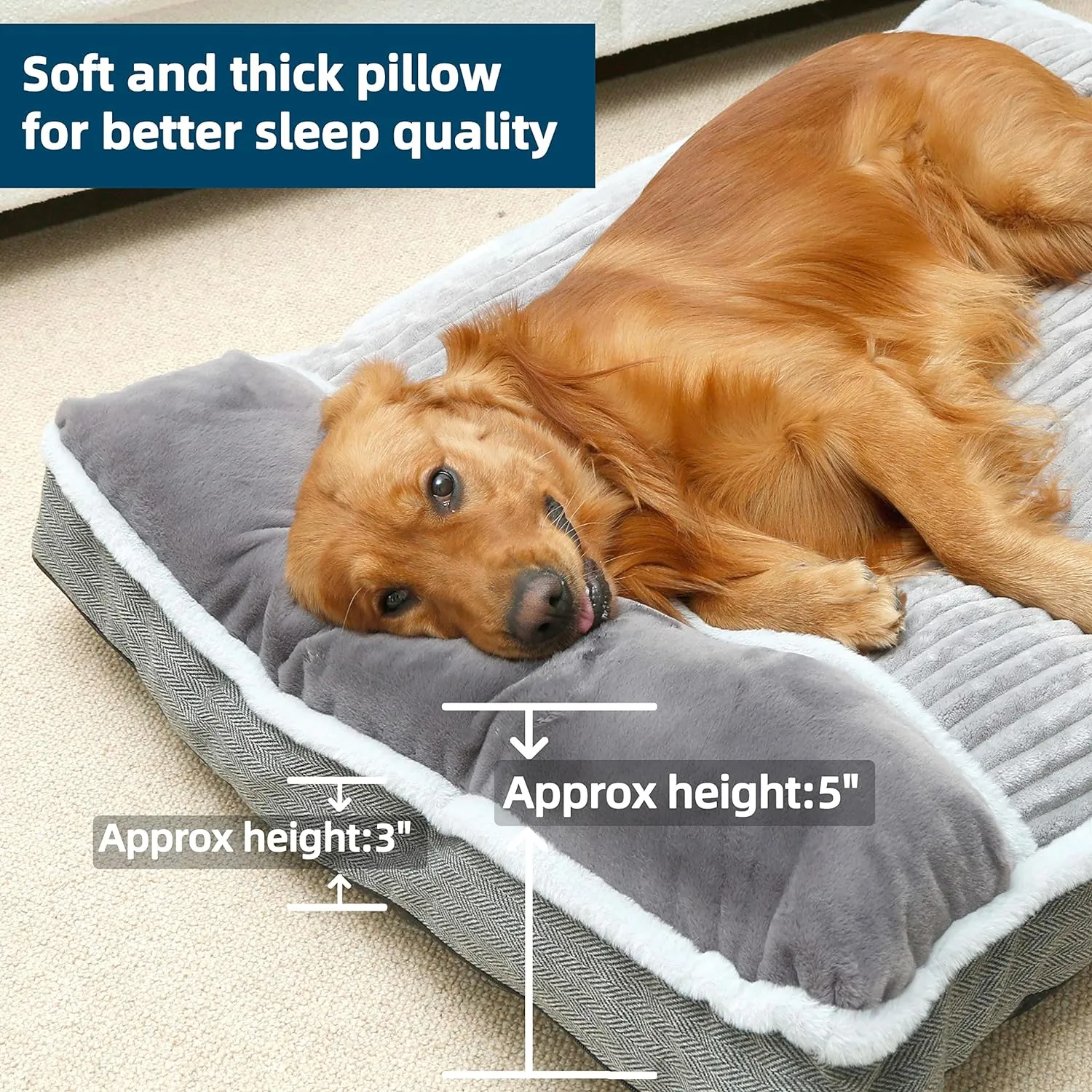 Dog Bed for Large Dogs, Dog Mattress with Pillow for Crate Kennel, Sofa pet Bed, Super Soft pet Bed for Medium, Jumbo, Small Dogs Breeds (Grey, Large-2:(36"x23"x3"))