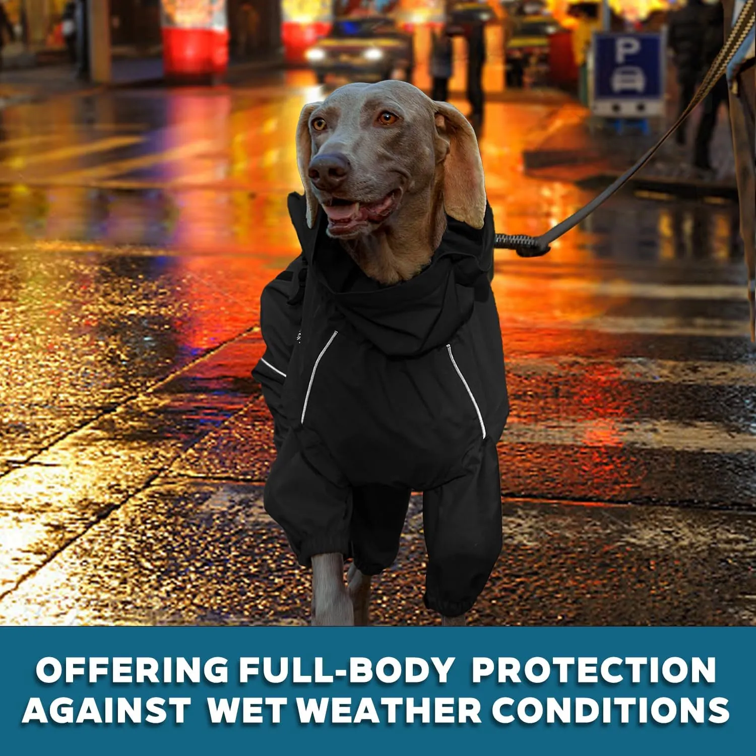 Dog Raincoat with Side Zipper Reflective Tape and Leash Holes,Waterproof Windproof Dirt-Resistant Warmth Dog Jacket with Elasticized Belly and Cuff Designs, Four Legs Design, Elastic Edge- Black L