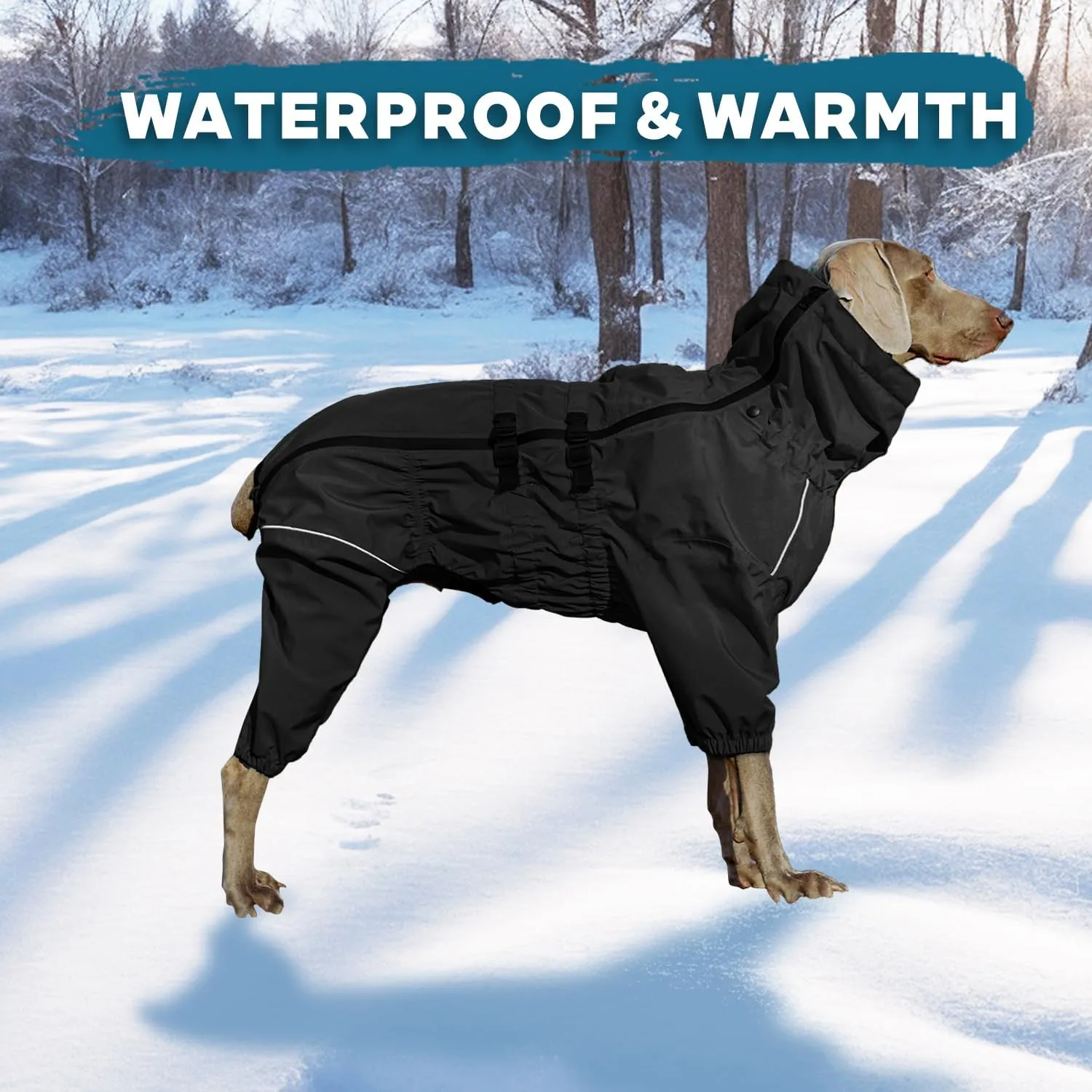 Dog Raincoat with Side Zipper Reflective Tape and Leash Holes,Waterproof Windproof Dirt-Resistant Warmth Dog Jacket with Elasticized Belly and Cuff Designs, Four Legs Design, Elastic Edge- Black L