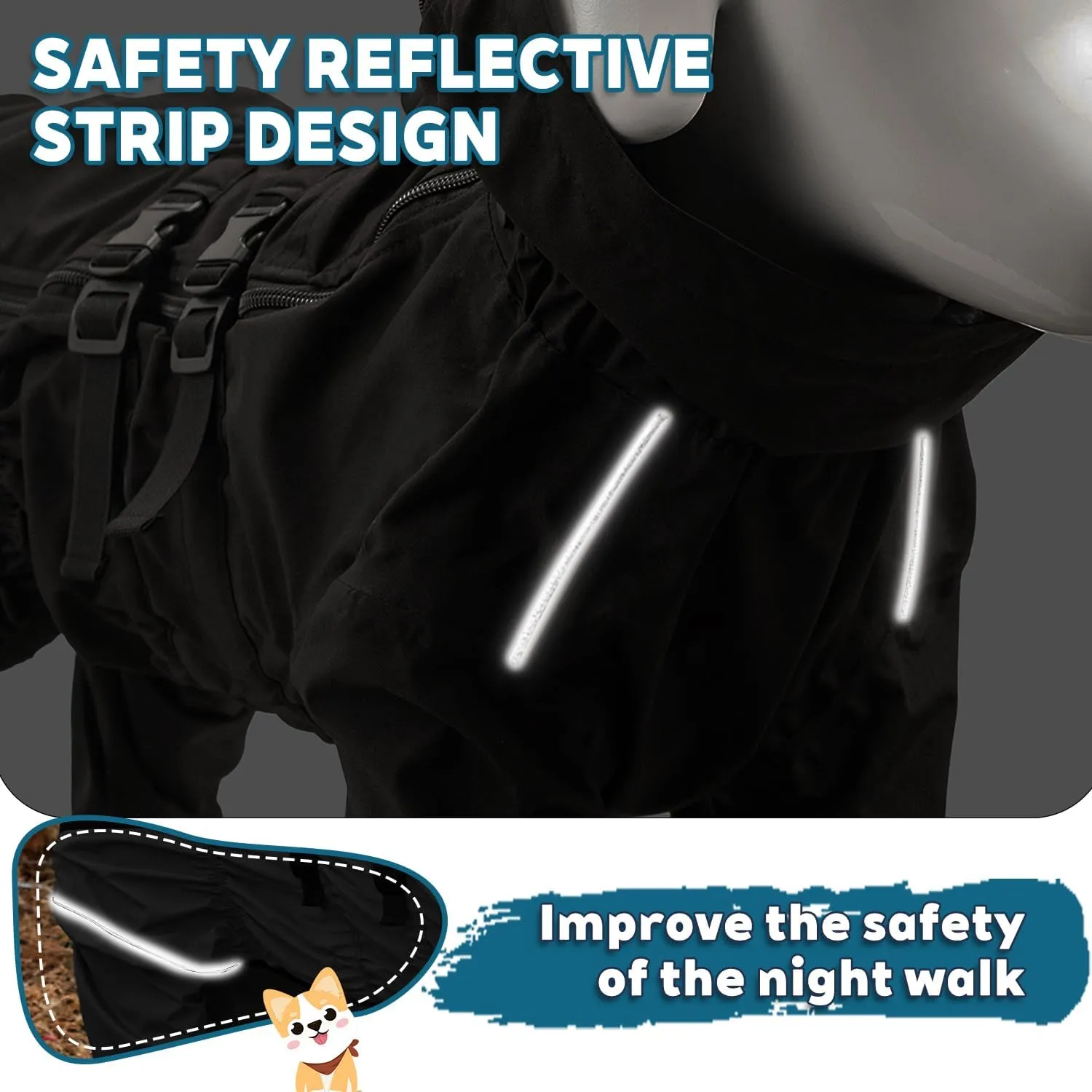 Dog Raincoat with Side Zipper Reflective Tape and Leash Holes,Waterproof Windproof Dirt-Resistant Warmth Dog Jacket with Elasticized Belly and Cuff Designs, Four Legs Design, Elastic Edge- Black L