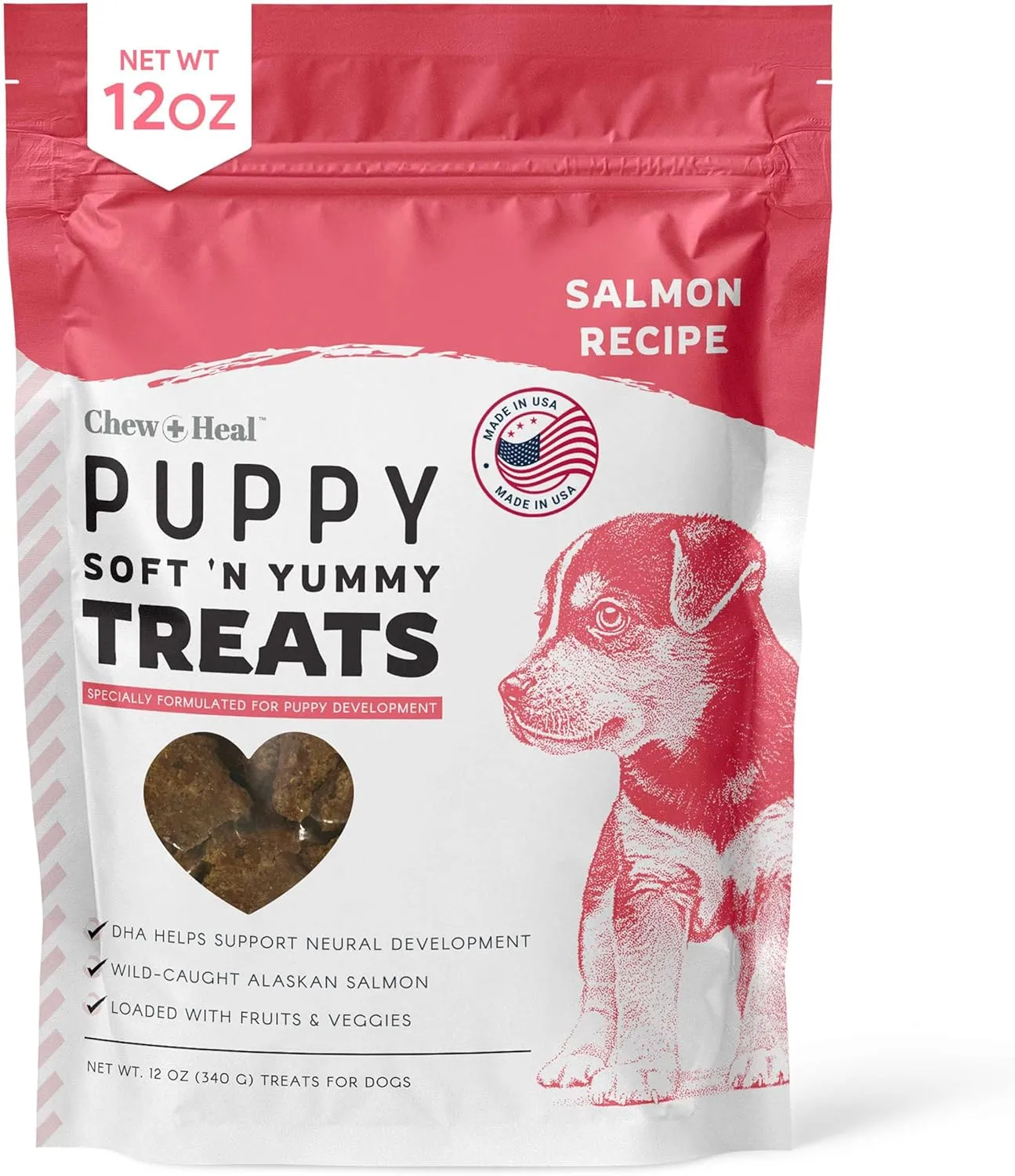 Dog Salmon Jerky for Puppies - 12 oz of Wild Caught Alaskan Salmon Jerky for Puppy Development with Chickpeas, Carrots, Sweet Potato, and Fruit - Made in The USA