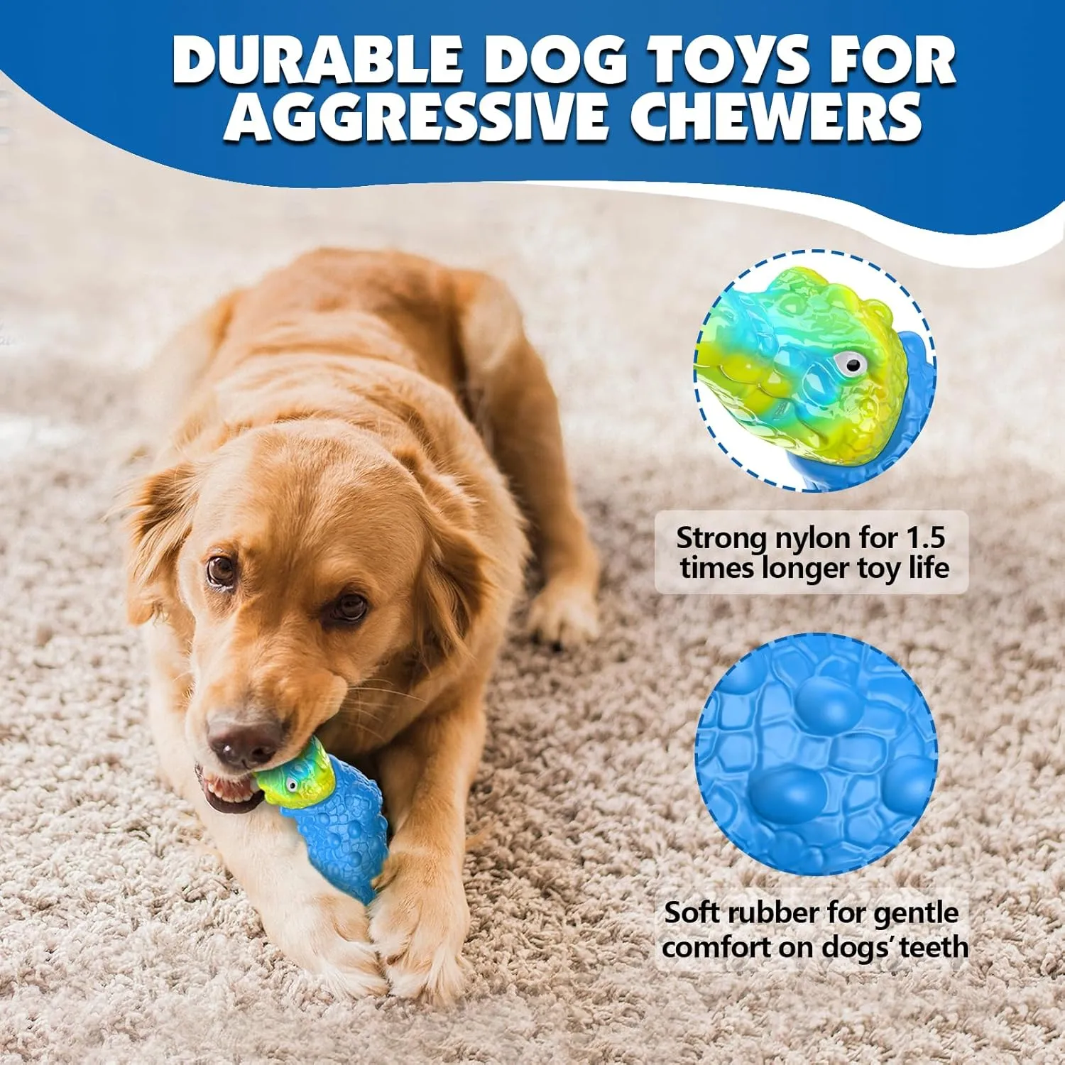 Dog Toys for Aggressive Chewers - Indestructible Dog Toy Squeaky Chew Toys for Large and Medium Breeds to Keep Them Busy, Bacon Flavor (Azure Blue)