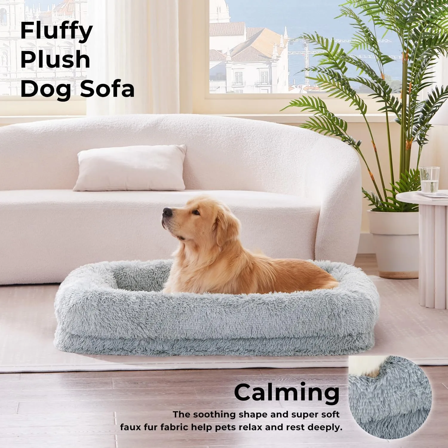 Donut Dog Beds for Large Sized Dogs - Calming Dog Sofa Bed with Fluffy Faux Fur, Waterproof Pet Bed with Supportive Egg Foam, Washable Removable Cover and Nonskid Bottom, Grey