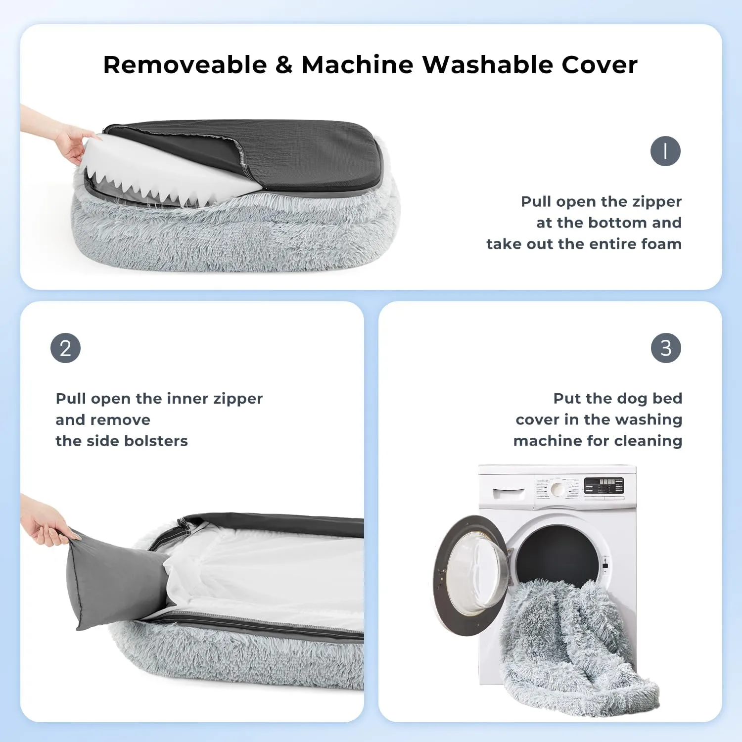 Donut Dog Beds for Large Sized Dogs - Calming Dog Sofa Bed with Fluffy Faux Fur, Waterproof Pet Bed with Supportive Egg Foam, Washable Removable Cover and Nonskid Bottom, Grey