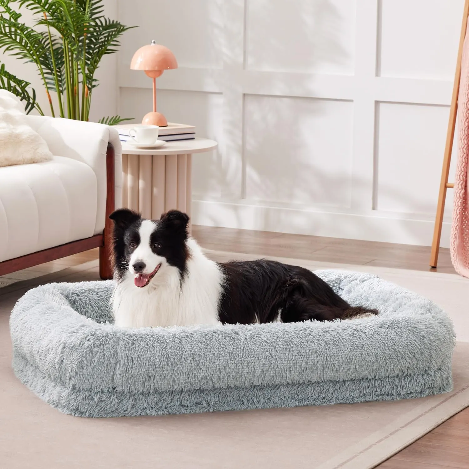 Donut Dog Beds for Large Sized Dogs - Calming Dog Sofa Bed with Fluffy Faux Fur, Waterproof Pet Bed with Supportive Egg Foam, Washable Removable Cover and Nonskid Bottom, Grey