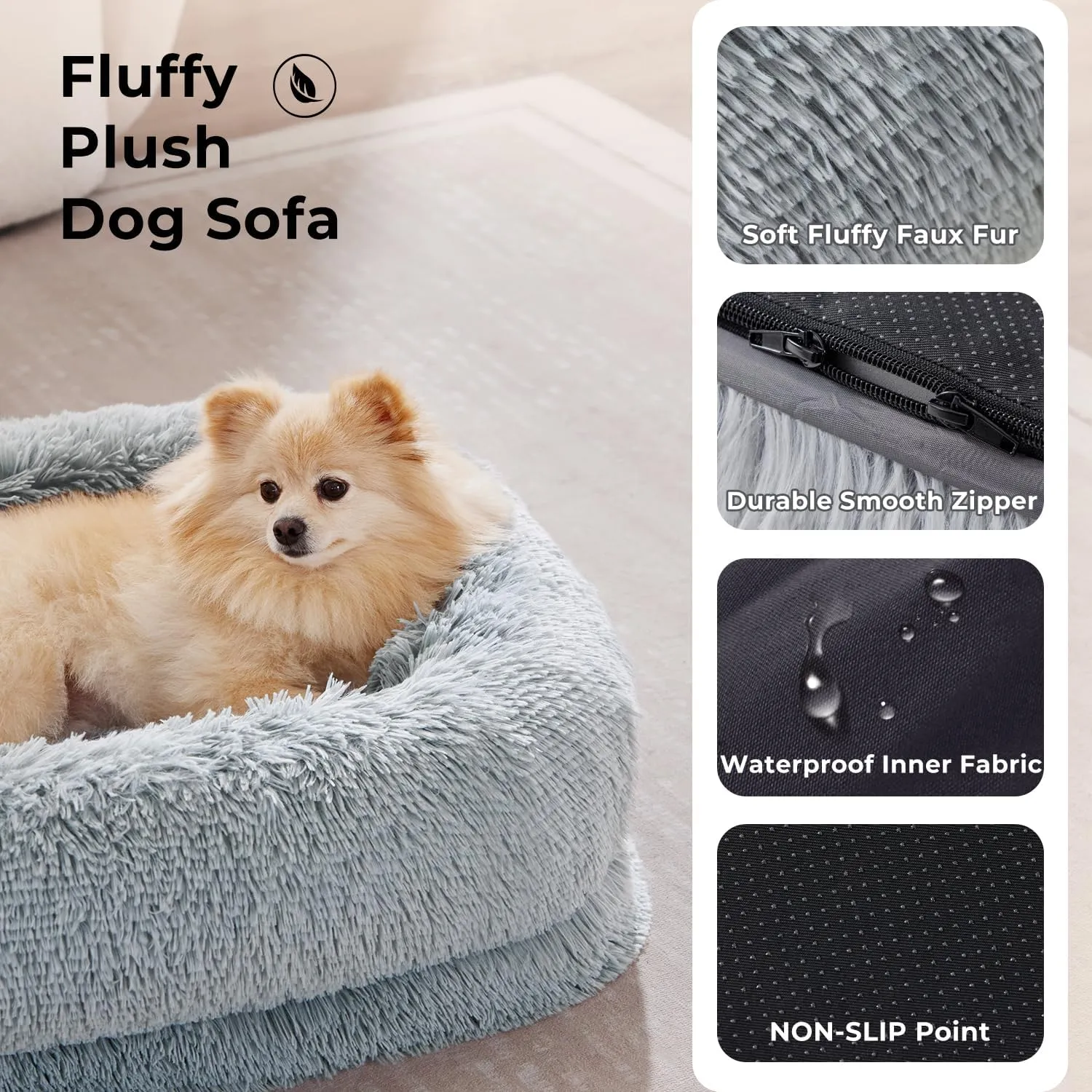 Donut Dog Beds for Large Sized Dogs - Calming Dog Sofa Bed with Fluffy Faux Fur, Waterproof Pet Bed with Supportive Egg Foam, Washable Removable Cover and Nonskid Bottom, Grey