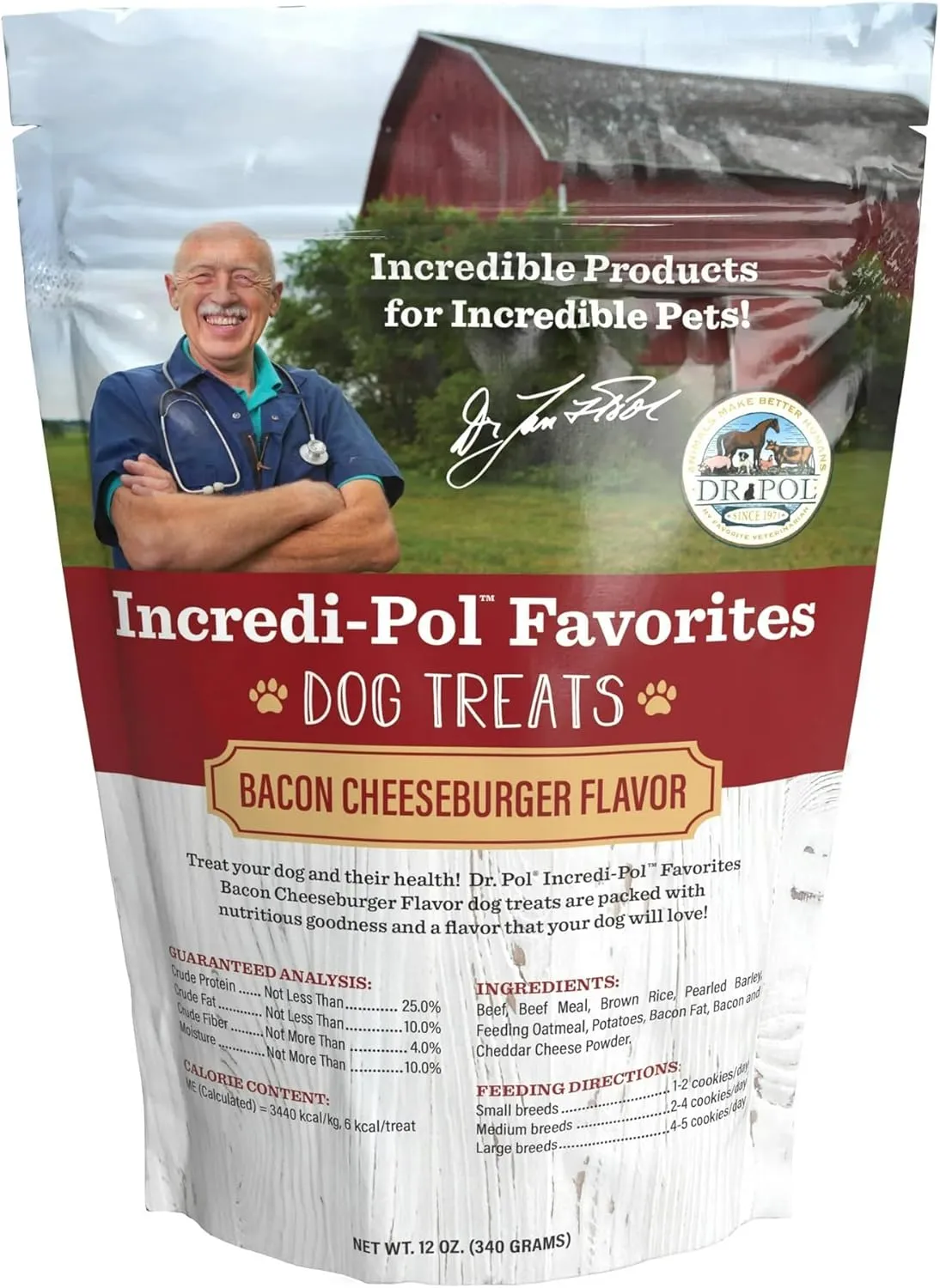 Dr. Pol Healthy All Natural Dog Treats - Incredi-Pol Pet Treats Made in USA, Dog Biscuits, Large or Small Dogs, Baked Puppy Training Biscuits, No Corn, Gourmet, Bacon Cheeseburger, 12oz x4