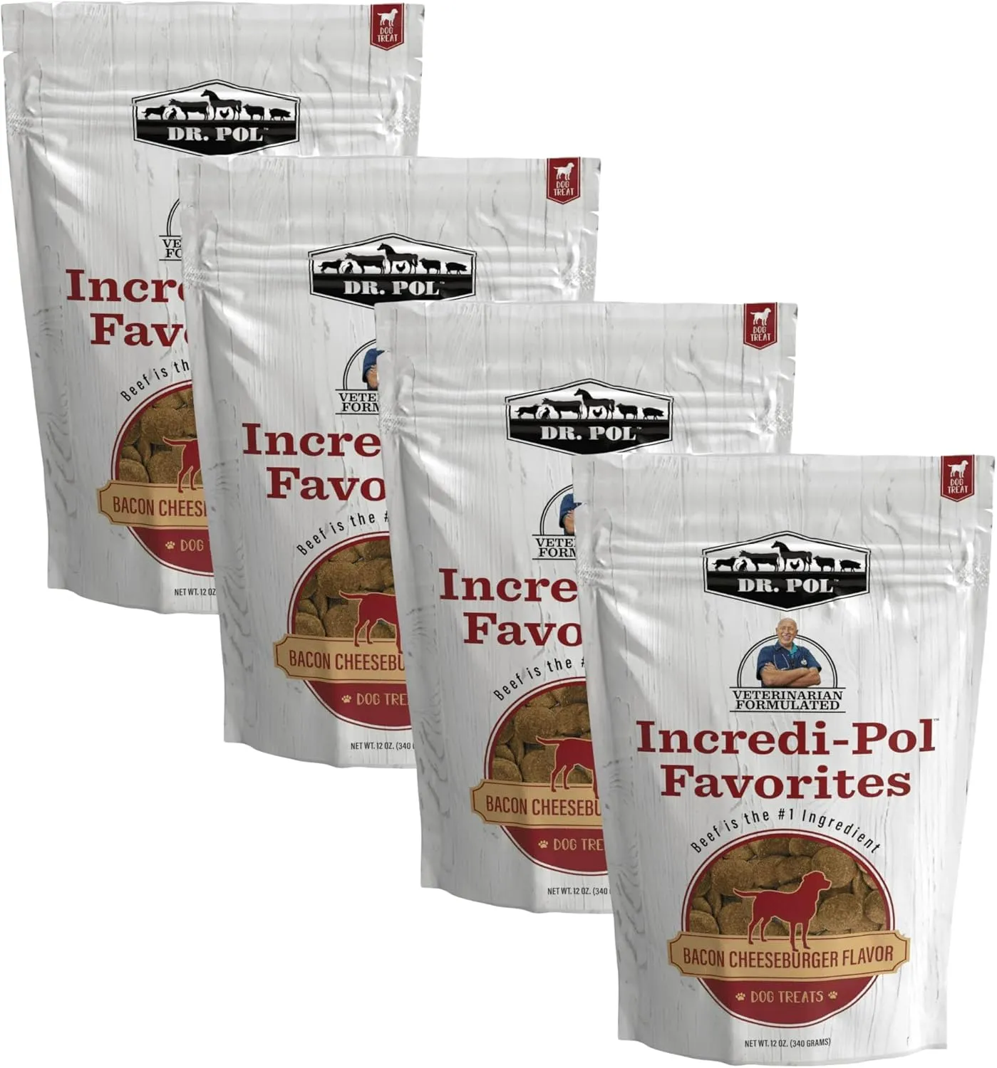 Dr. Pol Healthy All Natural Dog Treats - Incredi-Pol Pet Treats Made in USA, Dog Biscuits, Large or Small Dogs, Baked Puppy Training Biscuits, No Corn, Gourmet, Bacon Cheeseburger, 12oz x4