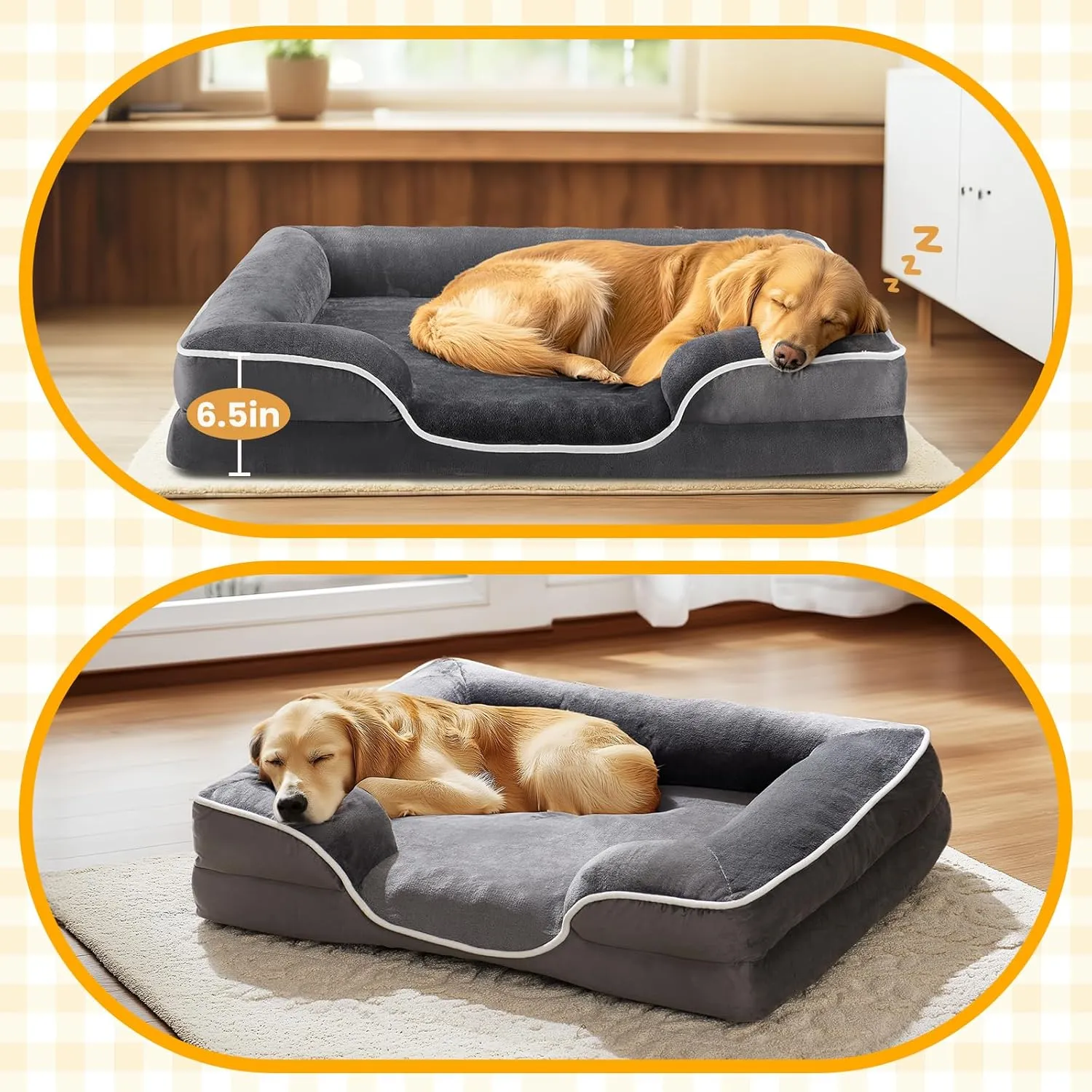 DUMOS Orthopedic Dog Bed for Small Size Dogs, Supportive Memory Foam Dog Sofa with Washable Removable Cover Non-Slip Base Waterproof Pet Couch Bed, Grey, 24" L x 18" W x 6" Th