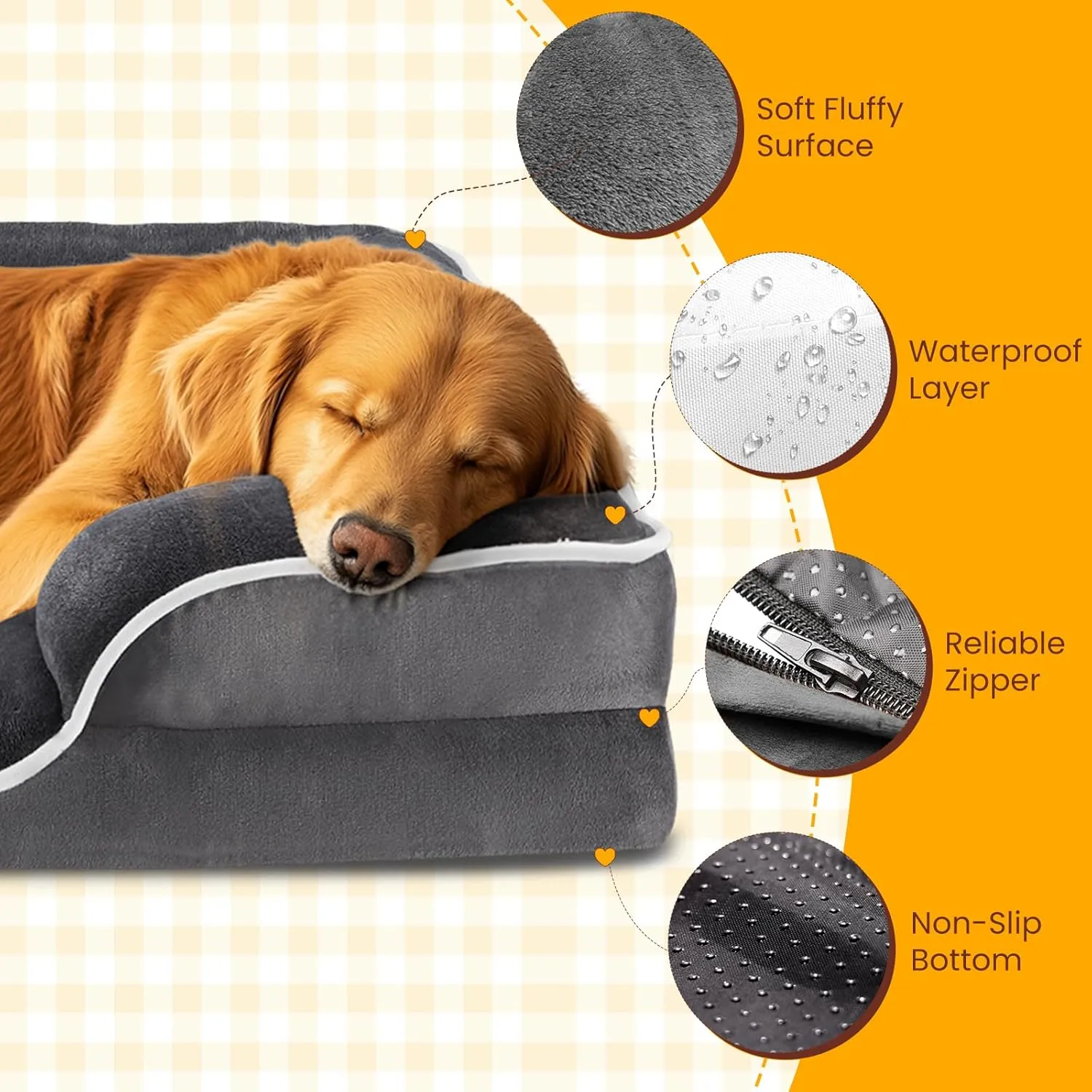 DUMOS Orthopedic Dog Bed for Small Size Dogs, Supportive Memory Foam Dog Sofa with Washable Removable Cover Non-Slip Base Waterproof Pet Couch Bed, Grey, 24" L x 18" W x 6" Th