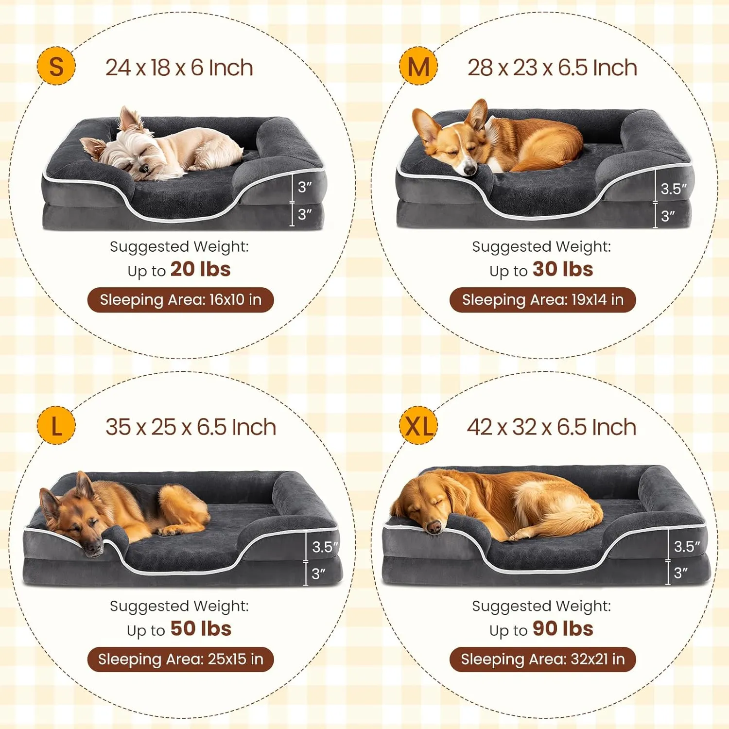 DUMOS Orthopedic Dog Bed for Small Size Dogs, Supportive Memory Foam Dog Sofa with Washable Removable Cover Non-Slip Base Waterproof Pet Couch Bed, Grey, 24" L x 18" W x 6" Th