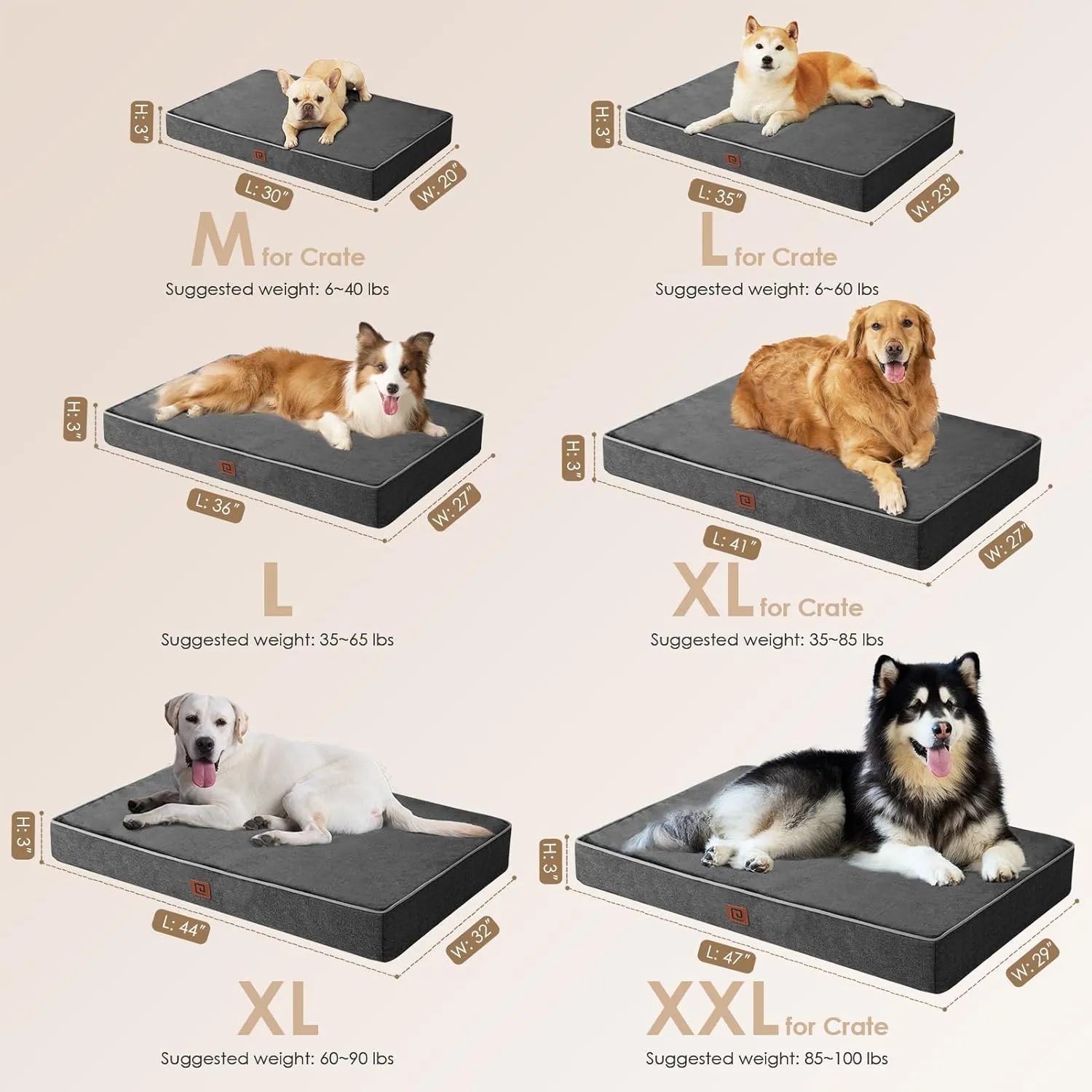 EHEYCIGA Orthopedic Memory Foam Dog Beds for Large Dogs with Removable Waterproof Liner, Dark Grey, 35x23